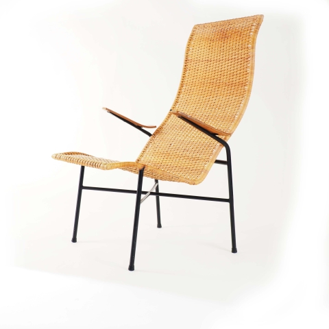 Lounge chair in rattan, teak and metal